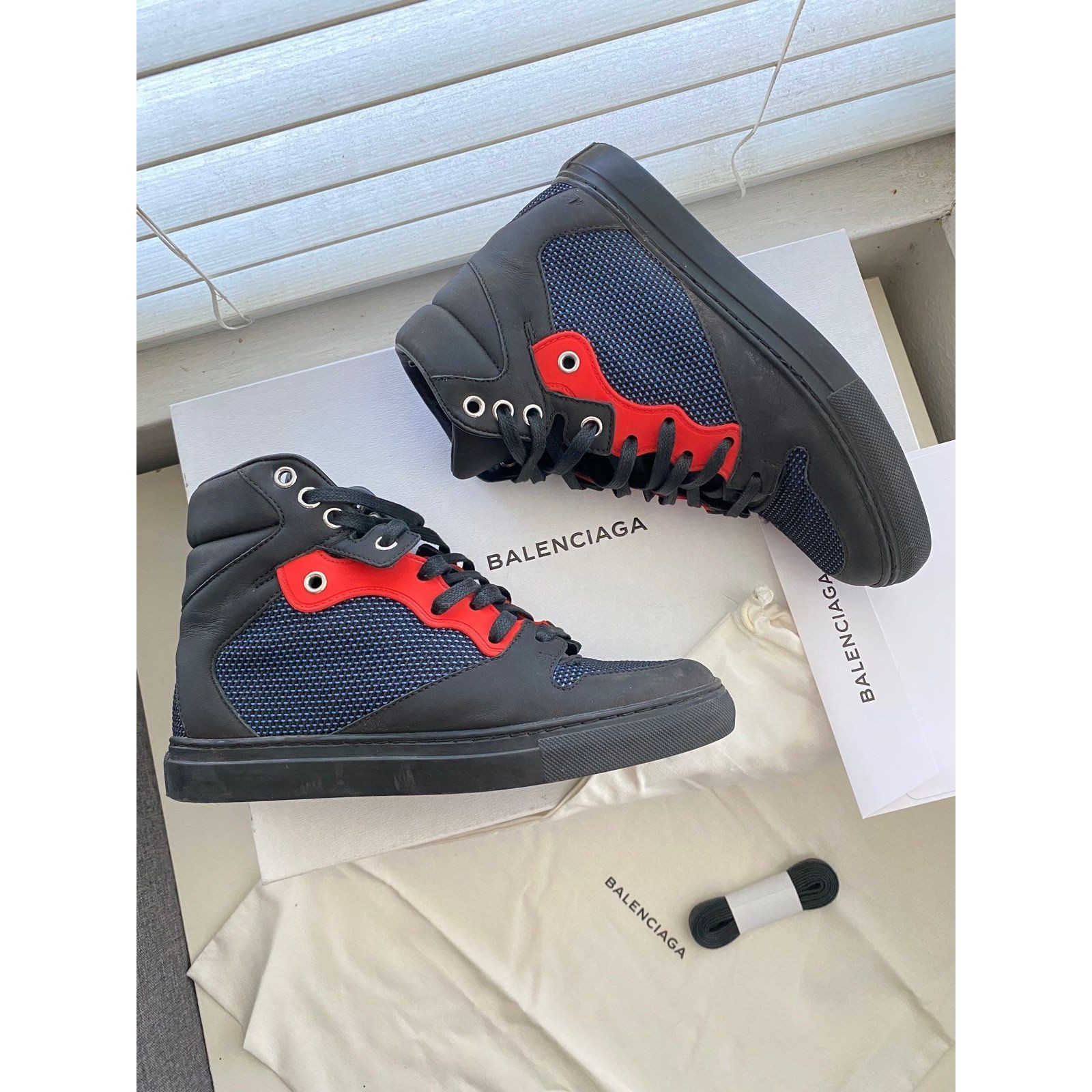 Authentic Balenciaga Women Sneakers Mid Top Leather Black Mesh Blue Size 5.5(36)